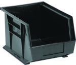 A black Quantum Bin, 8-1/4W x 10-3/4D x 7H, features front, back, and side grips with an anti-slide lock for secure stacking. It includes a divider slot, rear hanger, and molded-in label holder. Made in the USA for organizing small items efficiently.