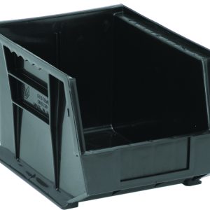 A black Quantum Bin, 8-1/4W x 10-3/4D x 7H, features front, back, and side grips with an anti-slide lock for secure stacking. It includes a divider slot, rear hanger, and molded-in label holder. Made in the USA for organizing small items efficiently.