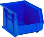 The Quantum Bin is a blue polypropylene storage solution, 8-1/4W x 10-3/4D x 7H, featuring an anti-slide lock, front/back/side grips, and a divider slot. Its rectangular design supports stacking or hanging with a rear hanger and molded-in label holder. Made in the USA.
