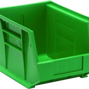 The green Quantum Bin, made in the USA from polypropylene, measures 8-1/4W x 10-3/4D x 7H and offers front, back, and side grips for easy handling. It includes an anti-slide lock, molded-in label holder, rear hanger, and one divider slot. The bin is empty against a white background.