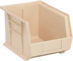The Quantum Bin is an ivory, open-topped storage solution featuring a slanted front and vertical side ridges for easy access. Measuring 8-1/4W x 10-3/4D x 7H, it includes an anti-slide lock and a rear hanger, making it perfect for secure organization of small items without unexpected shifts.