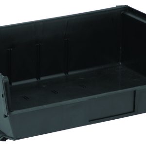 The Quantum Bin, made in the USA from polypropylene, measures 16-1/2W x 10-7/8D x 5H and features front/back/side grips, an anti-slide lock, and a rear hanger. With three divider slots and a molded-in label holder, its perfect for stacking or hanging securely. Available in black.