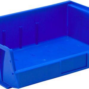 The Quantum Bin, made in the USA with blue polypropylene, measures 16-1/2W x 10-7/8D x 5H and includes front, back, and side grips for easy handling. It features anti-slide locks, a rear hanger, three divider slots, molded-in label holders, an open front design ideal for neat organization.
