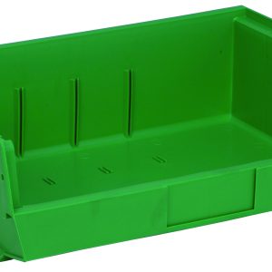 The green Quantum Bin, 16-1/2W x 10-7/8D x 5H, is made of polypropylene and features front/back grips, anti-slide lock, three divider slots, a rear hanger, and molded-in label holder. It’s stackable or hangable for efficient storage. Made in the USA.