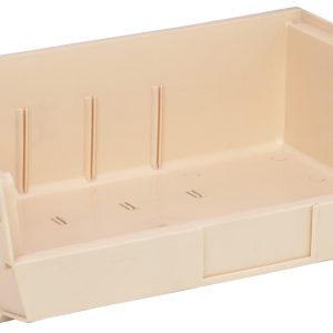 The Quantum Bin, made in the USA from ivory polypropylene, measures 16-1/2W x 10-7/8D x 5H and features front, back, and side grips for easy handling. It includes an anti-slide lock, ribbed sides for durability, a molded-in label holder on the front, and slightly raised edges for stacking or hanging.