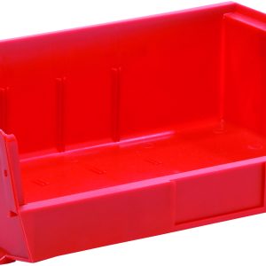 The Quantum Bin is a bright red polypropylene storage solution measuring 16-1/2W x 10-7/8D x 5H, featuring front/back/side grips, an anti-slide lock, three divider slots, a rear hanger, and a molded-in label holder. Designed for easy access with reinforced sides and slightly slanted construction. Made in the USA.