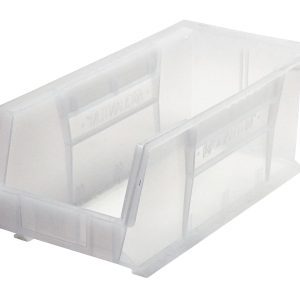 The Quantum Bin is a clear polypropylene storage solution, measuring 8-1/4W x 18D x 7H. It features front/back/side grips, an anti-slide lock, a rear hanger, and a single divider slot for organizing small items. Made in the USA, it includes a molded-in label holder for easy identification.