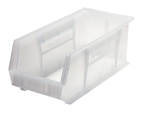 QUS248CL.jpg The Quantum Bin is a clear polypropylene storage solution, measuring 8-1/4W x 18D x 7H. It features front/back/side grips, an anti-slide lock, a rear hanger, and a single divider slot for organizing small items. Made in the USA, it includes a molded-in label holder for easy identification.