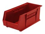 The Quantum Bin is a red polypropylene storage solution, sized 8-1/4W x 18D x 7H, featuring front, back, and side grips for easy handling. It includes an anti-slide lock, divider slot, rear hanger, molded-in label holder, and is designed for stacking or hanging. Made in the USA.