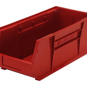 The Quantum Bin is a red polypropylene storage solution, sized 8-1/4W x 18D x 7H, featuring front, back, and side grips for easy handling. It includes an anti-slide lock, divider slot, rear hanger, molded-in label holder, and is designed for stacking or hanging. Made in the USA.