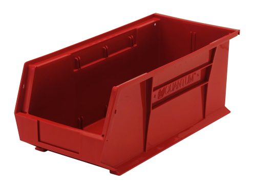 The Quantum Bin is a red polypropylene storage solution, sized 8-1/4W x 18D x 7H, featuring front, back, and side grips for easy handling. It includes an anti-slide lock, divider slot, rear hanger, molded-in label holder, and is designed for stacking or hanging. Made in the USA.