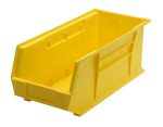 The Quantum Bin is a large, yellow, rectangular polypropylene storage solution measuring 8-1/4W x 18D x 7H. It features front/back/side grips, an anti-slide lock, and a divider slot for organization. Its designed for stacking or hanging and includes a rear hanger and molded-in label holder. Made in the USA.