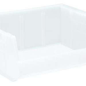 The Quantum Bin is a clear polypropylene storage solution with three divider slots, ribbed sides, and grips on all sides. Measuring 16-1/2W x 14-3/4D x 7H, it features an open front, raised edges for stacking or hanging efficiently, anti-slide lock, rear hanger, and a label holder. Made in the USA.