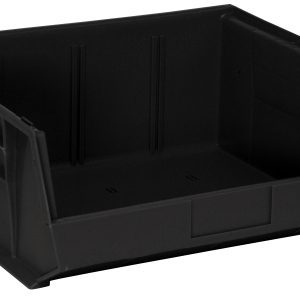 The black Quantum Bin, 16.5W x 14.75D x 7H, made from recycled polypropylene in the USA, features front/back/side grips, an anti-slide lock, three divider slots for customizable storage, a molded-in label holder, and can be stacked or hung for versatile organization.