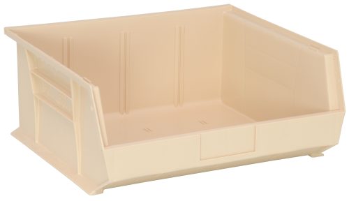 QUS250_IV.jpg The Quantum Bin is an ivory, open-top polypropylene storage bin with slanted sides and front/back/side grips for easy handling. It sits empty on a white background, featuring ribbed detailing on inner sides for support and (3) divider slots to enhance organization. Made in the USA.