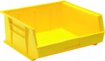 The Quantum Bin is a large yellow polypropylene storage solution measuring 16-1/2W x 14-3/4D x 7H. It features front, back, and side grips, an anti-slide lock, and reinforced sides for durability. With divider slots and a molded-in label holder, its perfect for organizing warehouse or workshop items.