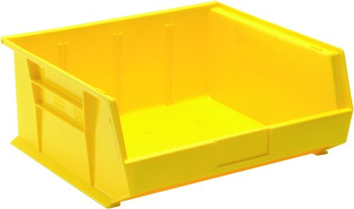The Quantum Bin is a large yellow polypropylene storage solution measuring 16-1/2W x 14-3/4D x 7H. It features front, back, and side grips, an anti-slide lock, and reinforced sides for durability. With divider slots and a molded-in label holder, its perfect for organizing warehouse or workshop items.