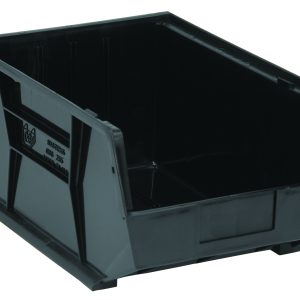 The Quantum Bin, featuring an open front and black conductive material, provides easy handling with front/back/side grips. Its reinforced corners and rectangular shape are durable, with anti-slide locks, divider slots, a rear hanger, and a molded-in label holder for versatile use. Made in the USA.