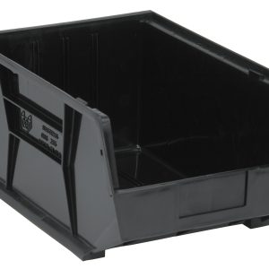 The Quantum Bin in black recycled polypropylene (11W x 16D x 8H) features an anti-slide lock, molded-in label holder, and slightly tapered sides. It offers front/back/side grips and a rear hanger for versatility. Made in the USA with three divider slots to keep contents organized securely.