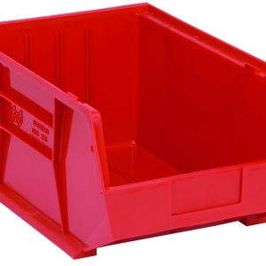 The Quantum Bin, a red polypropylene storage bin measuring 11W x 16D x 8H, features front/back/side grips, an anti-slide lock, three divider slots, a rear hanger, and molded-in label holder. Its stackable or hangable for easy organization and made in the USA.