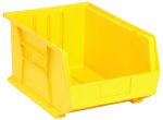 The Quantum Bin, made in the USA from yellow polypropylene, measures 11W x 16D x 8H. It features front/back/side grips, a rear hanger, an anti-slide lock, and three divider slots for easy stacking or hanging. Its open design and molded-in label holder ensure optimal organization.