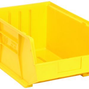 The Quantum Bin, made in the USA from yellow polypropylene, measures 11W x 16D x 8H. It features front/back/side grips, a rear hanger, an anti-slide lock, and three divider slots for easy stacking or hanging. Its open design and molded-in label holder ensure optimal organization.
