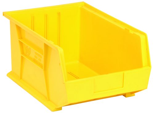 QUS255_YL.jpg The Quantum Bin, made in the USA from yellow polypropylene, measures 11W x 16D x 8H. It features front/back/side grips, a rear hanger, an anti-slide lock, and three divider slots for easy stacking or hanging. Its open design and molded-in label holder ensure optimal organization.