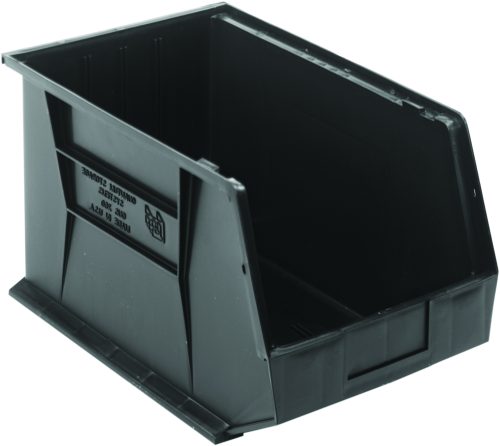 The Quantum Bin is a black, conductive storage bin with an open front. It features reinforced sides, a flat base, and stacking or hanging capabilities. It includes grips, anti-slide lock, three divider slots, rear hanger, and a molded-in label holder for efficient organization. Made in the USA.