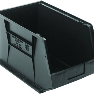 The Quantum Bin, made from black polypropylene and measuring 11W x 18D x 10H, features front/back/side grips for easy handling, an anti-slide lock, three divider slots, a rear hanger for stacking or hanging, and a molded-in label holder. Made in the USA for organizing small items.