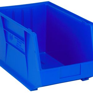 The Quantum Bin is a blue, polypropylene storage solution (11W x 18D x 10H) with a slanted top and reinforced sides. It features grips on all sides, an anti-slide lock, three divider slots, a rear hanger for stacking or hanging, and a molded-in label holder. Made in the USA.