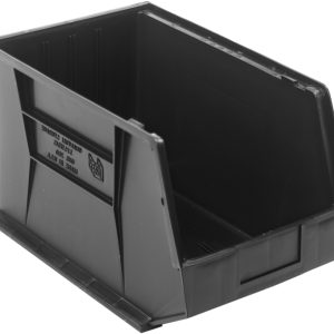 The Quantum Bin, made in the USA from recycled polypropylene, features grips for stacking or hanging, three divider slots, a rear hanger, an anti-slide lock for stability, and a molded-in label holder. Dimensions: 11W x 18D x 10H. This clear bin is ideal for organizing small items.