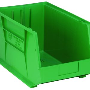 The green Quantum Bin, made of polypropylene and measuring 11W x 18D x 10H, is perfect for organizing with its reinforced sides, front/back/side grips, anti-slide lock, and three divider slots. Displayed empty against a white background. Made in the USA.