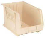 The Quantum Bin in ivory polypropylene, measuring 11W x 18D x 10H, offers open access and custom organization with (3) divider slots. It features a sturdy base, ridged sides, front/back/side grips, an anti-slide lock, rear hanger, and molded-in label holder for neat storage of various items. Made in USA.
