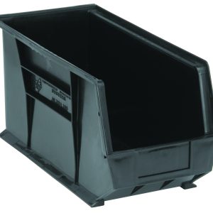 The black Quantum Bin, made in the USA from polypropylene, measures 8-1/4W x 18D x 9H and is ideal for organizing small items. It has a front/back/side grip, anti-slide lock, rear hanger, (1) divider slot, and a molded-in label holder.