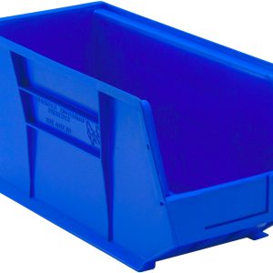 The Quantum Bin is a blue polypropylene container with front/back/side grips and an anti-slide lock for secure stacking. It features a rear hanger, molded-in label holder, and divider slot, making it perfect for organizing or storing items efficiently. Dimensions: 8-1/4W x 18D x 9H. Made in USA.