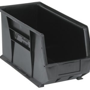 The Quantum Bin, made of recycled black polypropylene, measures 8-1/4W x 18D x 9H and features a ridged bottom, divider slot, and rear hanger. It can be stacked or hung using front/back/side grips. Enhanced with an anti-slide lock and molded-in label holder, it offers versatile storage solutions.