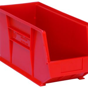 The Quantum Bin, made of red polypropylene and measuring 8-1/4W x 18D x 9H, features front/back/side grips, a rear hanger for stacking or hanging, an anti-slide lock for stability, a molded-in label holder, and one divider slot. Made in USA.
