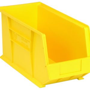 The Quantum Bin, made in the USA from yellow polypropylene, measures 8-1/4W x 18D x 9H and features front/back/side grips, an anti-slide lock, a rear hanger, molded-in label holder, and one divider slot—perfect for stacking or hanging small parts or tools in your workspace.