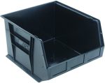 The Quantum Bin is a black conductive storage bin with dimensions of 16-1/2W x 18D x 11H. Featuring front, back, and side grips, its designed for stacking or hanging. It includes an anti-slide lock, divider slots, rear hanger, and a molded-in label holder for organized storage. Made in the USA.