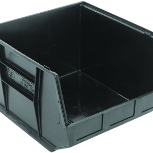 The black Quantum Bin, made in the USA from polypropylene, measures 16-1/2W x 18D x 11H and features front/back/side grips, an anti-slide lock, three divider slots for customizable organization, rear hanger support ridges, and a molded-in label holder.