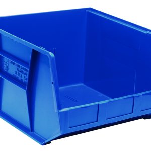 The Quantum Bin is a blue polypropylene storage solution, 16.5 x 18 x 11, featuring open front access, grips on all sides, an anti-slide lock, and three divider slots. It includes a rear hanger and molded-in label holder for organizing small items. Made in the USA.