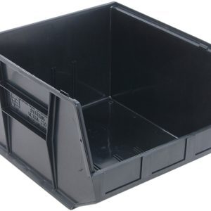 The Quantum Bin is a black, 16.5W x 18D x 11H storage bin made from recycled polypropylene. It features front/back/side grips, reinforced sides, an anti-slide lock, three divider slots for organization, a molded-in label holder, and is stackable or hangable with a rear hanger. Made in the USA.