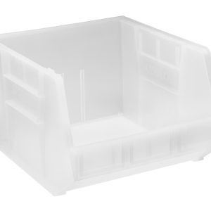 The Quantum Bin, made in the USA from clear polypropylene, measures 16-1/2W x 18D x 11H. It features front, back, and side grips for accessibility, an anti-slide lock, three divider slots, a rear hanger, and a molded-in label holder—ideal for organizing with ease.