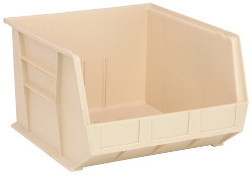 QUS270_IV.jpg The Quantum Bin is an ivory, rectangular storage solution measuring 16.5W x 18D x 11H. It features front, back, and side grips for easy handling, an anti-slide lock for stability, three divider slots for organization, a rear hanger, and a molded-in label holder. Made in the USA from polypropylene.