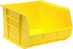 On a plain background, the Quantum Bin is a bright yellow polypropylene storage solution measuring 16-1/2W x 18D x 11H. It features an open-top design with smooth sides, a reinforced base, front/back/side grips, and a low front for easy access, plus three divider slots for optimal organization.