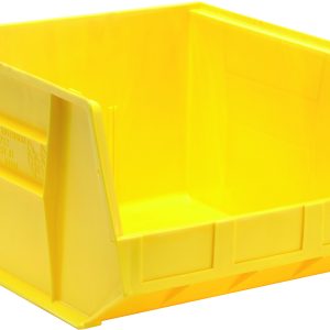 On a plain background, the Quantum Bin is a bright yellow polypropylene storage solution measuring 16-1/2W x 18D x 11H. It features an open-top design with smooth sides, a reinforced base, front/back/side grips, and a low front for easy access, plus three divider slots for optimal organization.