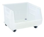 The Quantum Bin is a clear, 16.5W x 18D x 14H storage solution with front/back/side grips and three divider slots for organization. Featuring an anti-slide lock, rear hanger, molded-in label holder, and casters for mobility, its perfect for organizing or transporting essentials. Made in the USA.