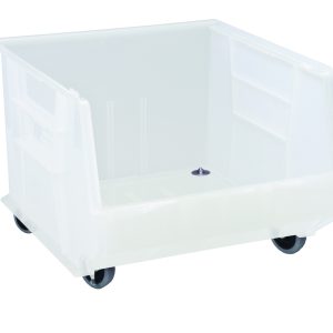 The Quantum Bin is a clear, 16.5W x 18D x 14H storage solution with front/back/side grips and three divider slots for organization. Featuring an anti-slide lock, rear hanger, molded-in label holder, and casters for mobility, its perfect for organizing or transporting essentials. Made in the USA.