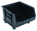 The Quantum Bin is a black polypropylene storage bin with dimensions of 16-1/2W x 18D x 14H. It features front, back, and side grips for stacking or hanging, an anti-slide lock, three divider slots, a rear hanger, a molded-in label holder, and four 3 swivel casters for easy mobility. Made in the USA.