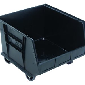 The Quantum Bin is a black polypropylene storage bin with dimensions of 16-1/2W x 18D x 14H. It features front, back, and side grips for stacking or hanging, an anti-slide lock, three divider slots, a rear hanger, a molded-in label holder, and four 3 swivel casters for easy mobility. Made in the USA.